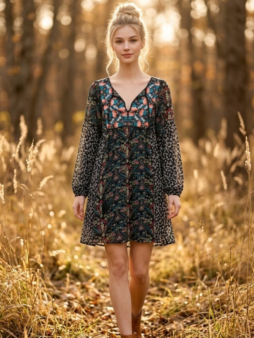 Sundance Floral Boho Embroidered Mini Dress Long Sleeve Chelsea Dress Medium